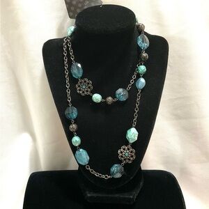 Blue Beaded Necklace on Black Chain